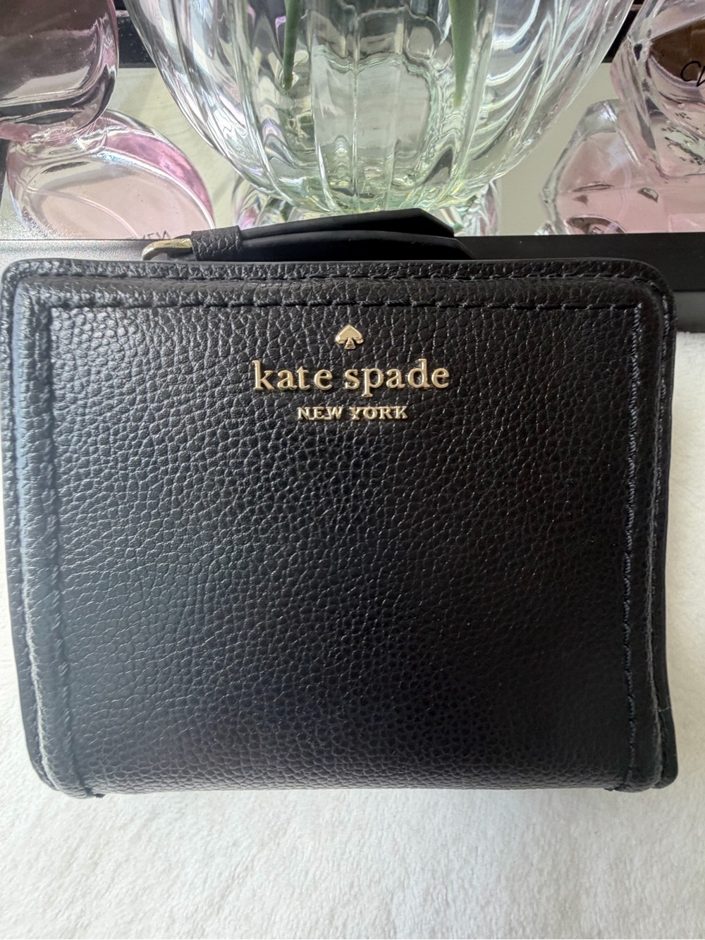 kate spade Black Pebbled Leather Zip Wallet with Gold Logo